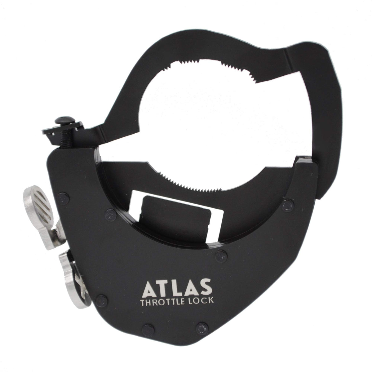 ATLAS Throttle Lock installed on handlebar demonstrating comfortable thumb access