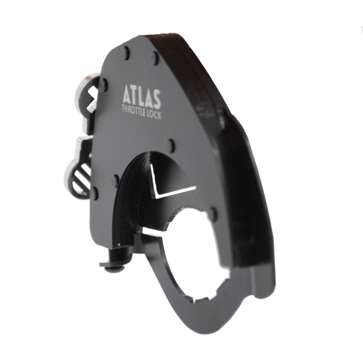 ATLAS Throttle Lock installed on handlebar demonstrating easy fit and reduced wrist strain