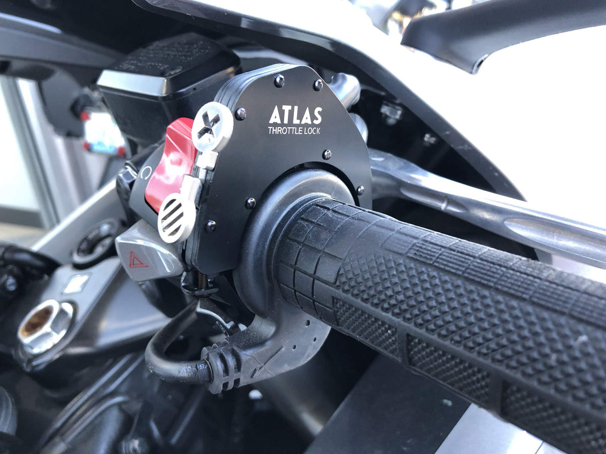 ATLAS Throttle Lock kit label and hardware laid out showing complete parts and simple install
