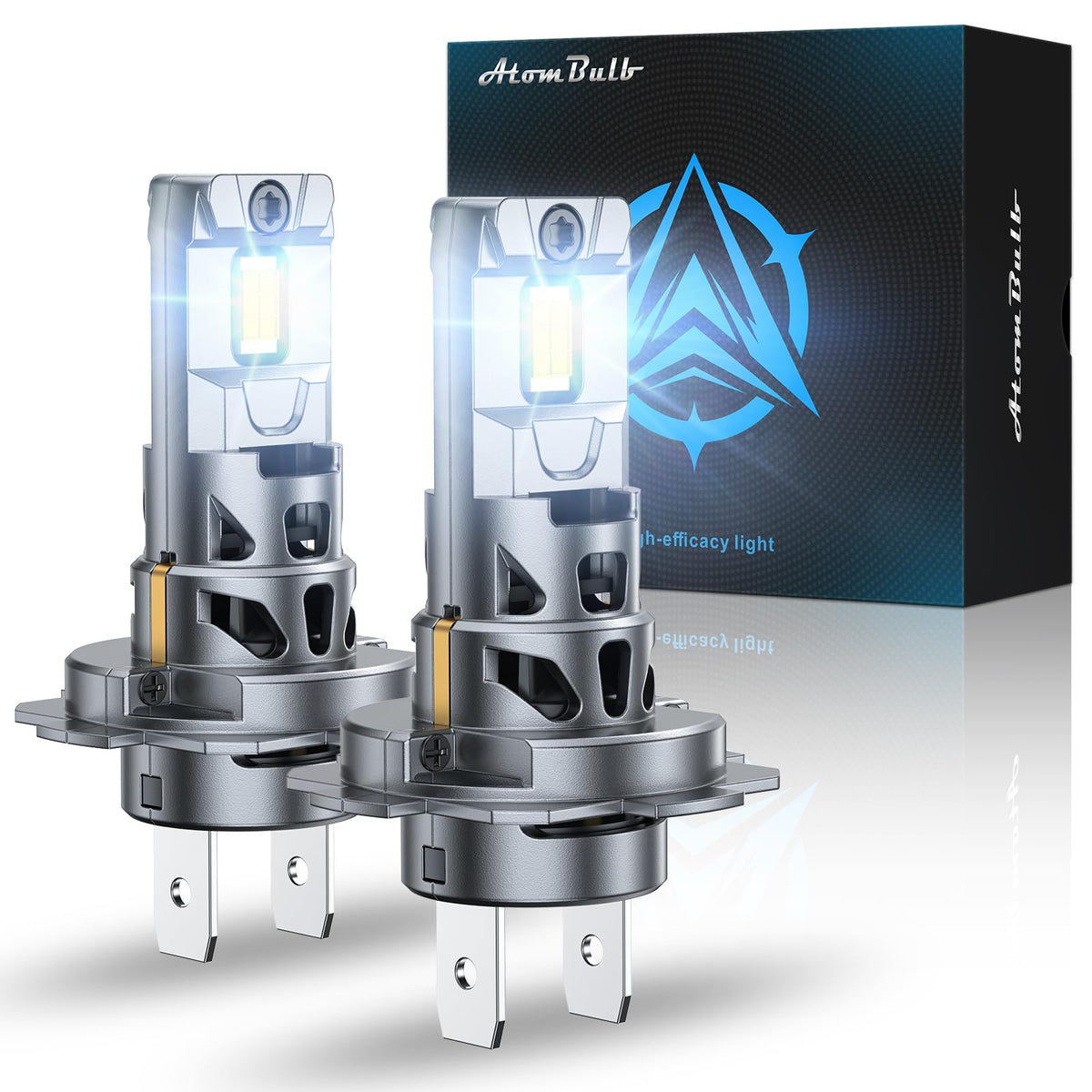 AtomBulb H7 front view showing LED face and mount, bright visibility benefit