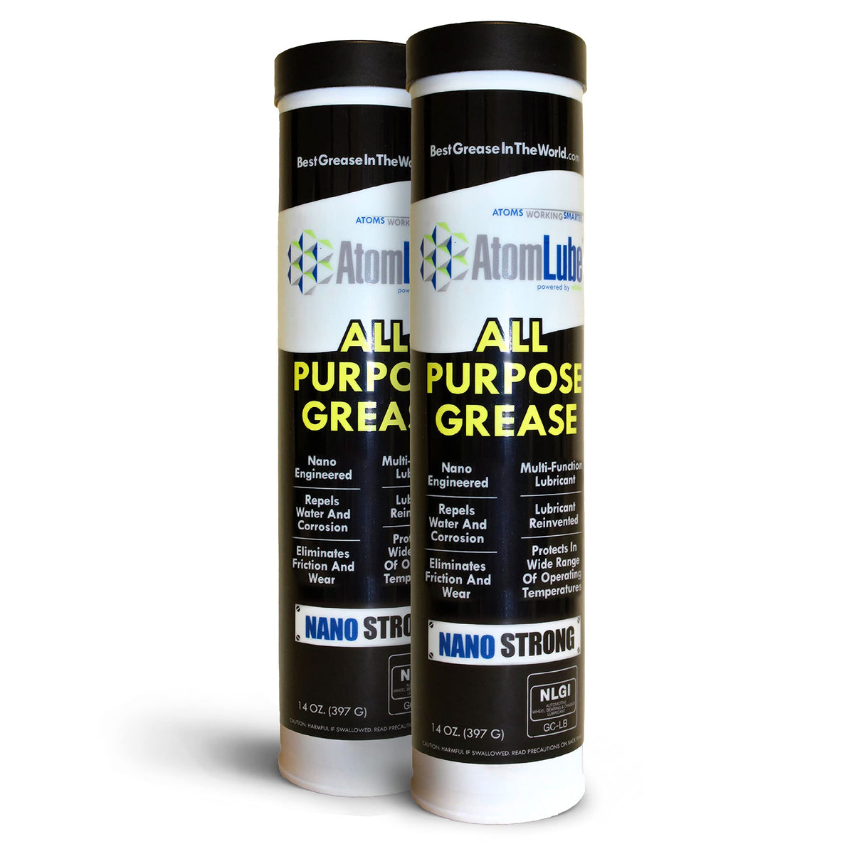 AtomLube front packaging showing two 14 oz tubes and label for easy identification and convenience