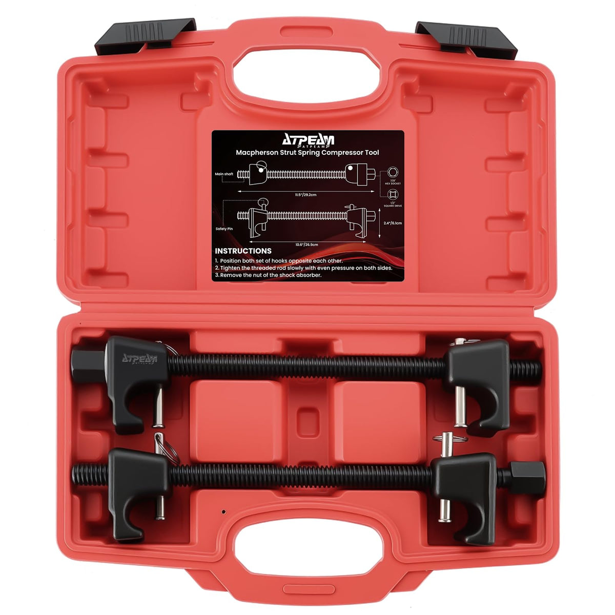 ATPEAM front packaging showing the 2-piece compressor set and included case, durable and ready