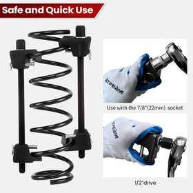 ATPEAM compressor in use on a MacPherson strut, illustrating safe spring removal and installation