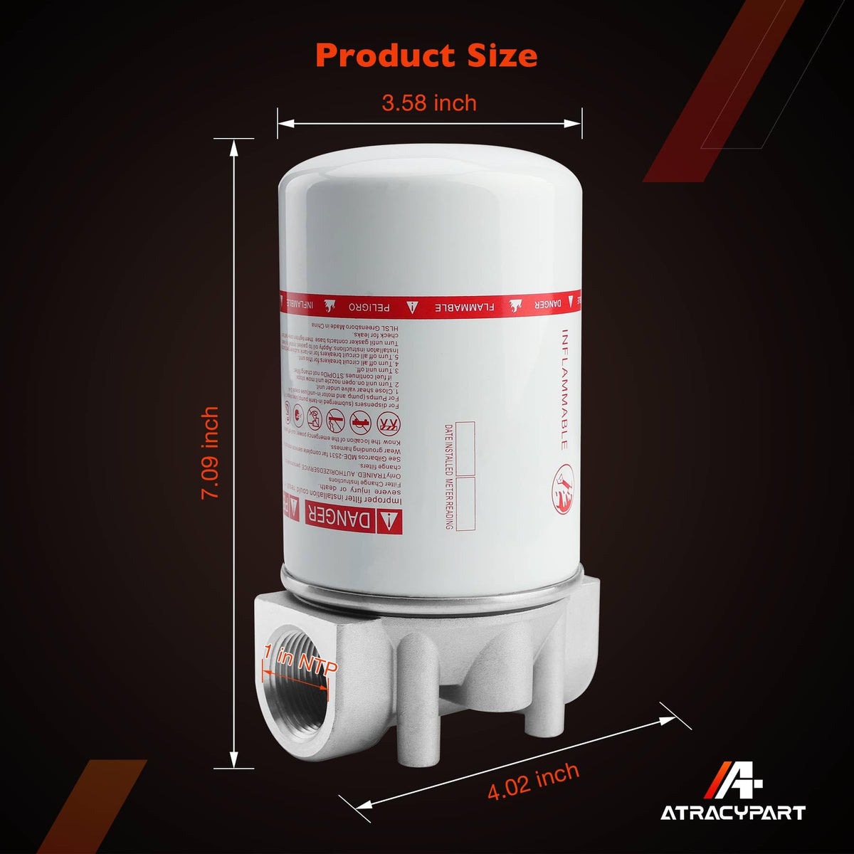 ATRACYPART spin-on filter cartridge profile showing 30-micron media for cleaner fuel