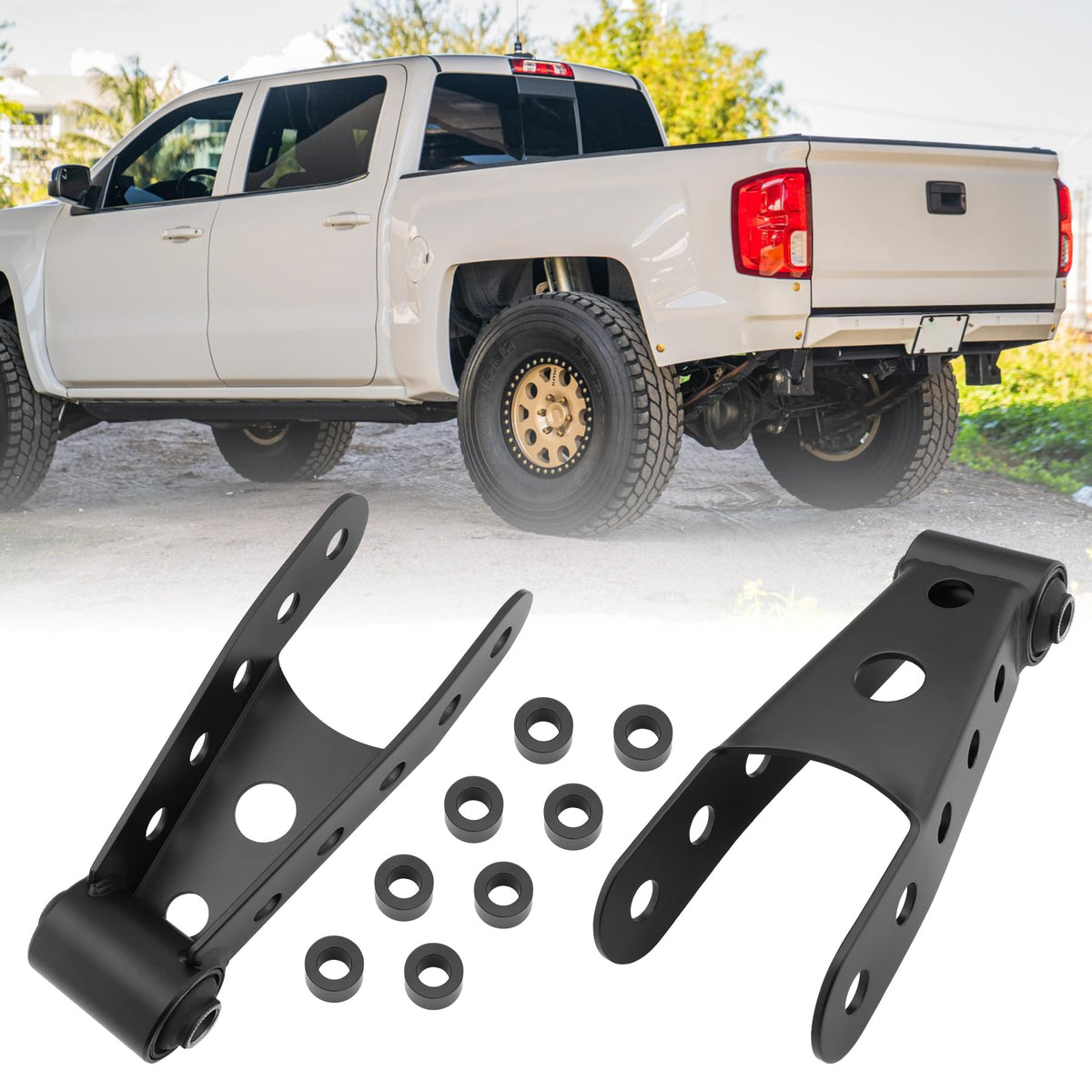 ATRACYPART lowering shackle kit front view showing robust shape and easy bolt-on fit