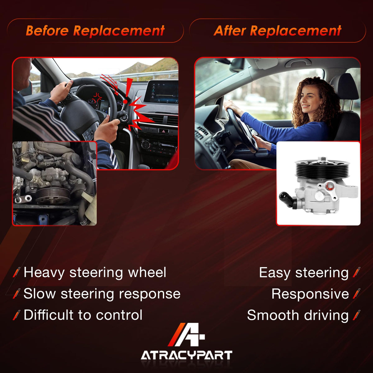 ATRACYPART pump installed in engine bay demonstrating direct-fit convenience