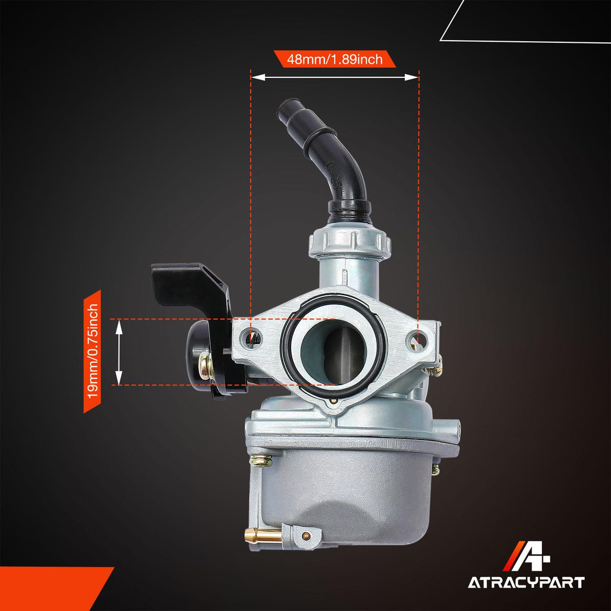 ATRACYPART carburetor beside ruler for clear size verification