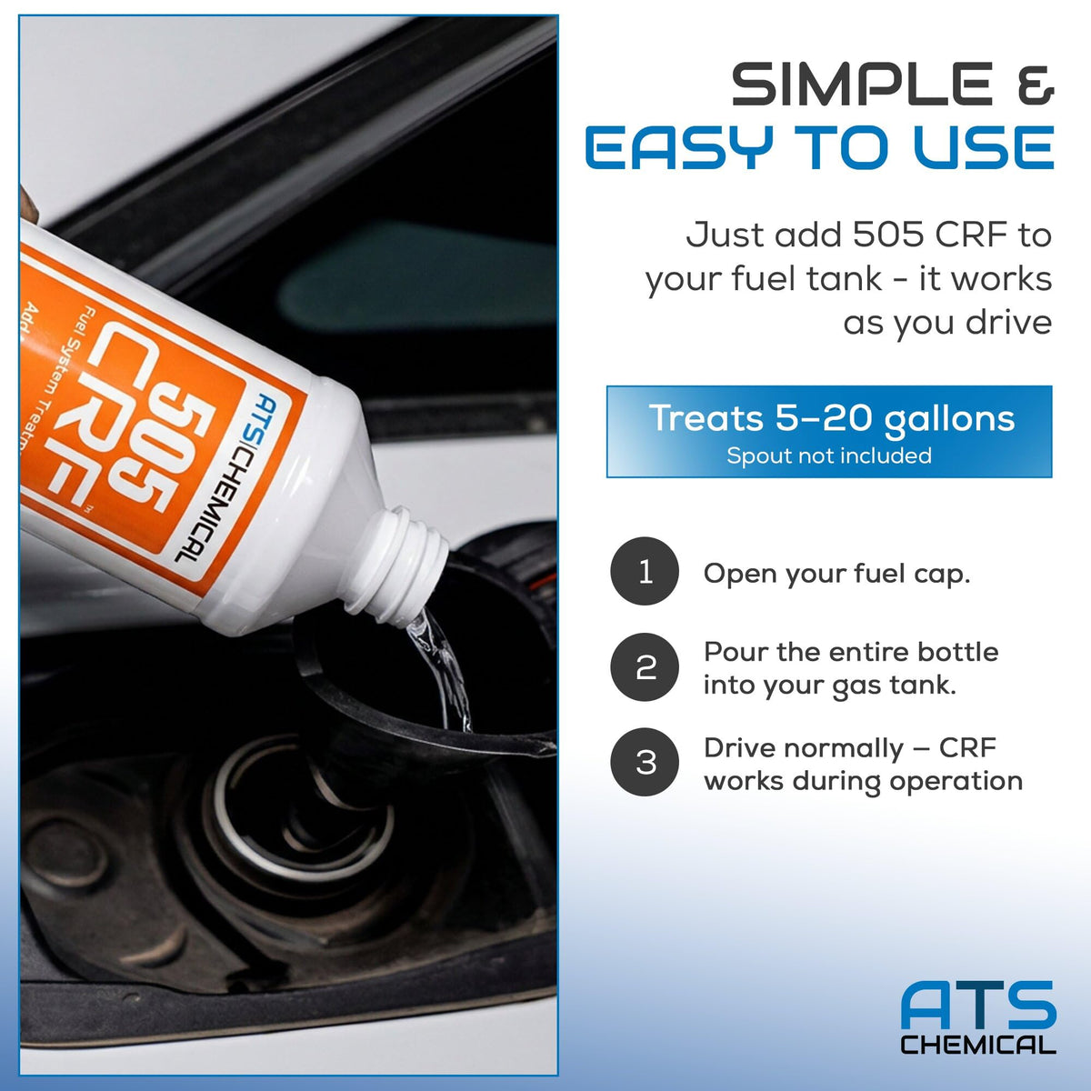 Pouring ATS Chemical 505 CRF into fuel tank for simple application
