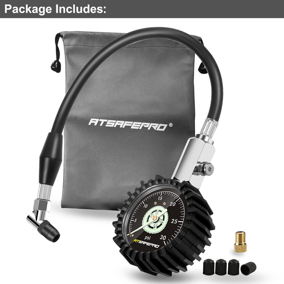 ATsafepro gauge attached to ATV tire valve demonstrating field use