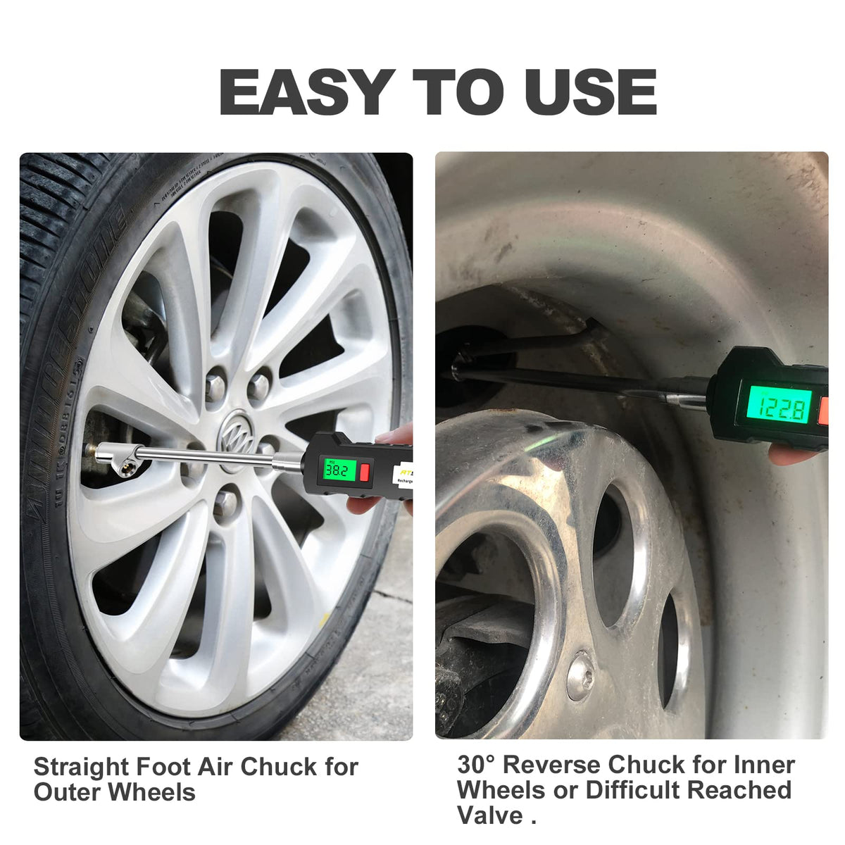 ATsafepro gauge in use on a truck tire, speeding accurate roadside inflation