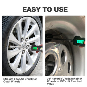 ATsafepro gauge in use on a truck tire, speeding accurate roadside inflation