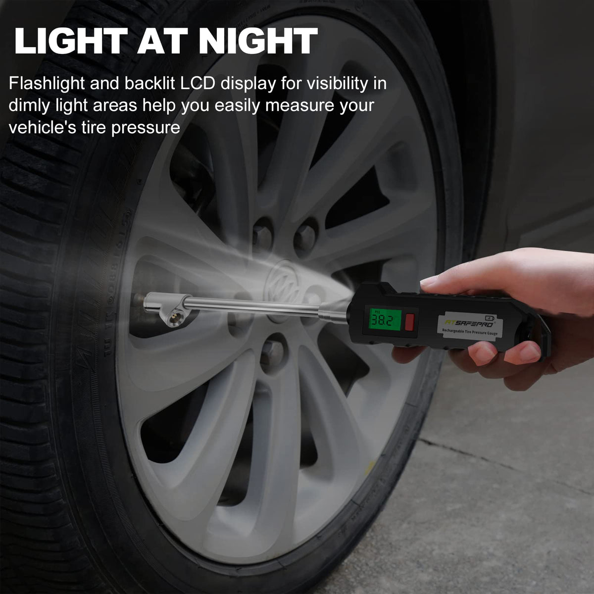 ATsafepro bright green backlit LCD displaying pressure, ensuring clear night readings