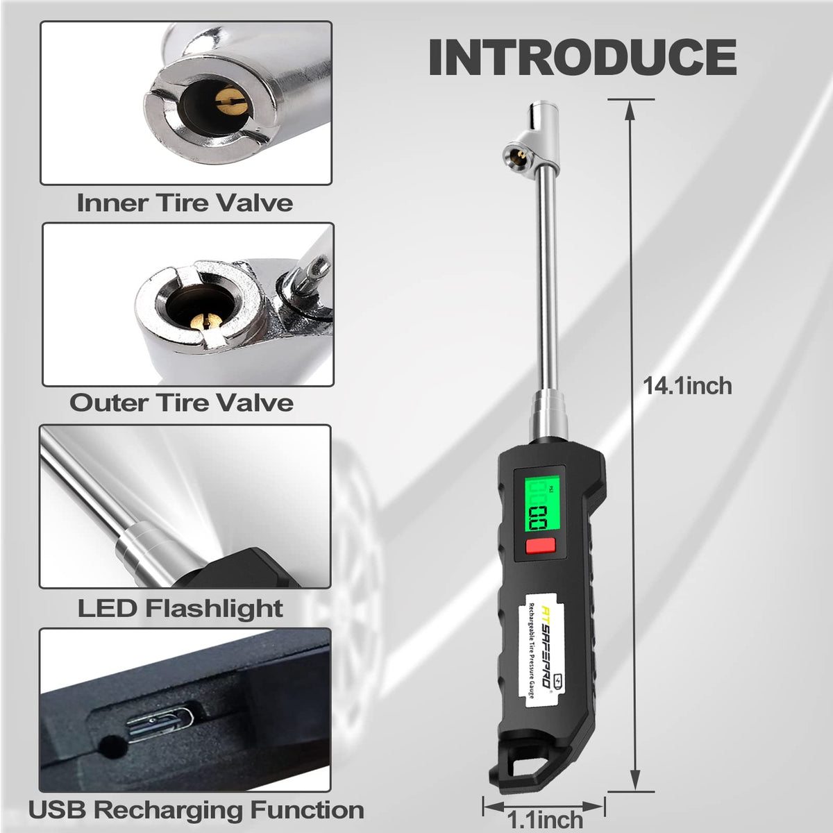 ATsafepro Type-C charging cable connected to gauge, providing convenient rechargeability