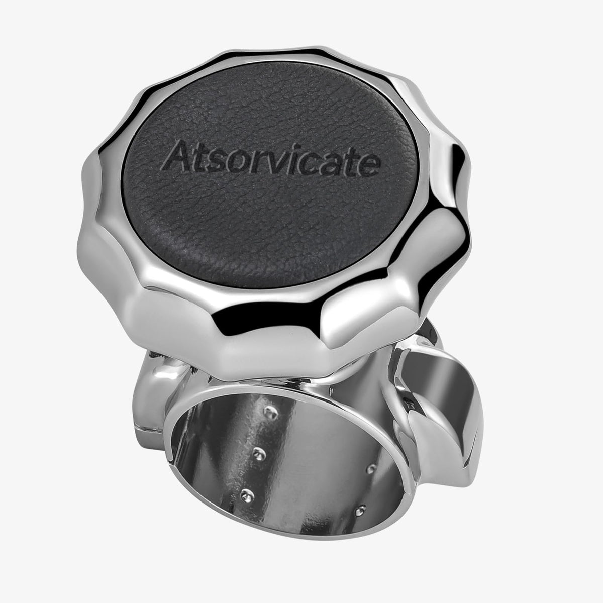 Atsorvicate front view of black cowhide knob showing sleek durable design and improved control