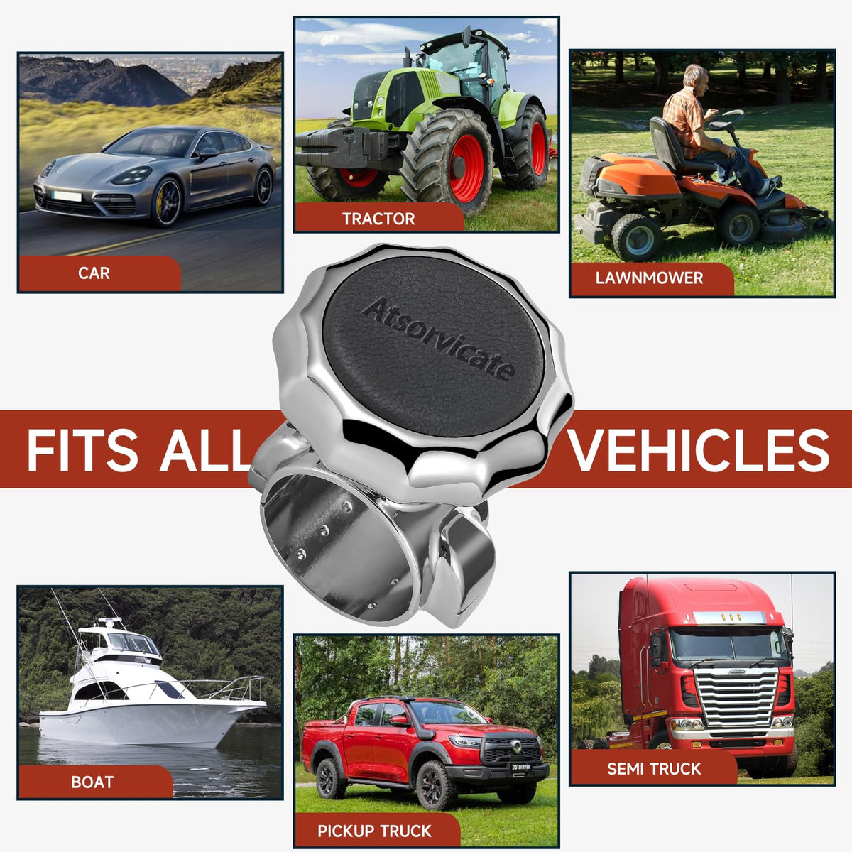 Atsorvicate installed on a truck steering wheel demonstrating universal fit and stability