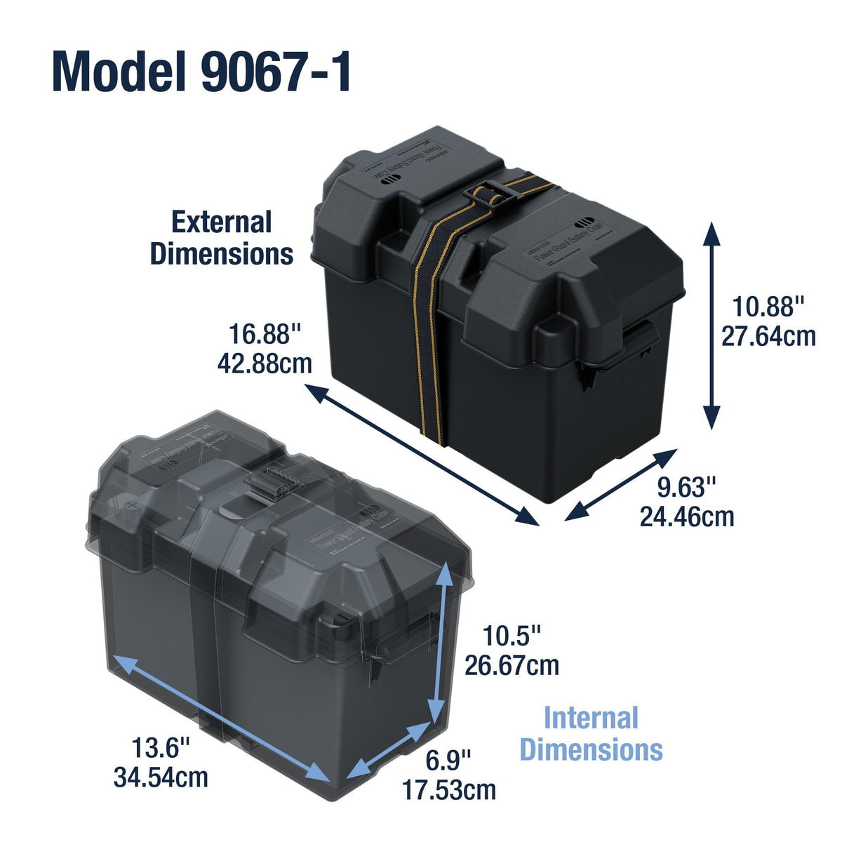attwood battery box beside a Group 27 battery showing fit and scale benefit