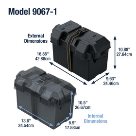 attwood battery box beside a Group 27 battery showing fit and scale benefit