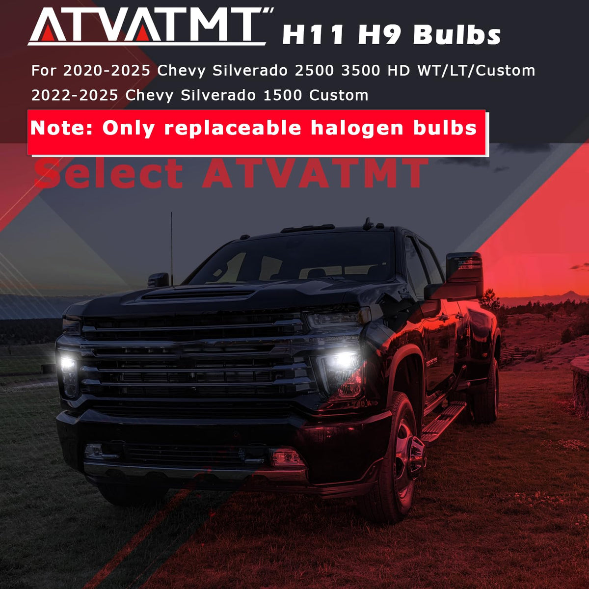 ATVATMT bulb installed in Silverado fog housing illustrating crisp white beam and improved visibility