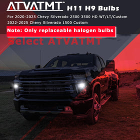ATVATMT bulb installed in Silverado fog housing illustrating crisp white beam and improved visibility