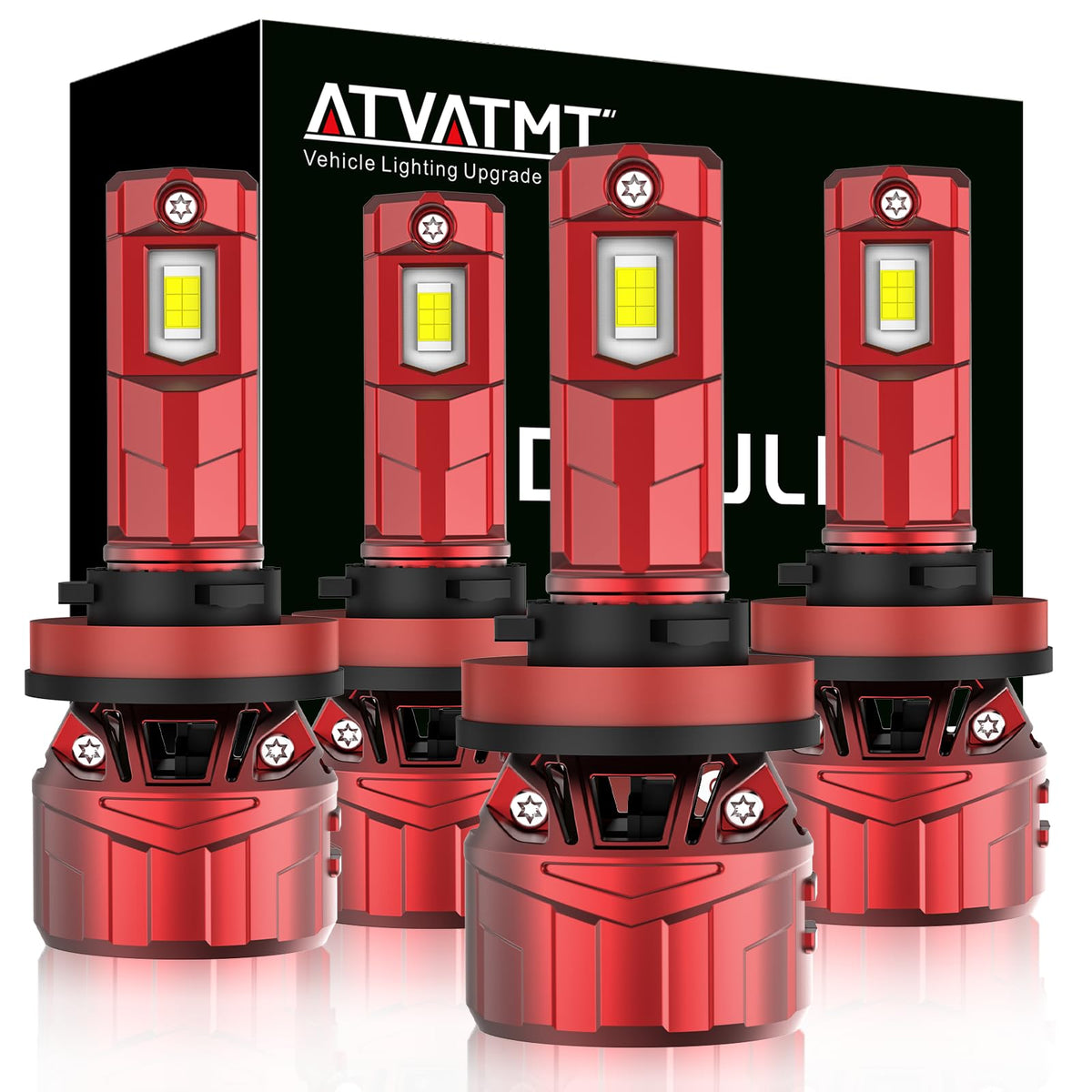 ATVATMT front packaging showing four H11 H9 bulbs and accessories for quick install and peace of mind