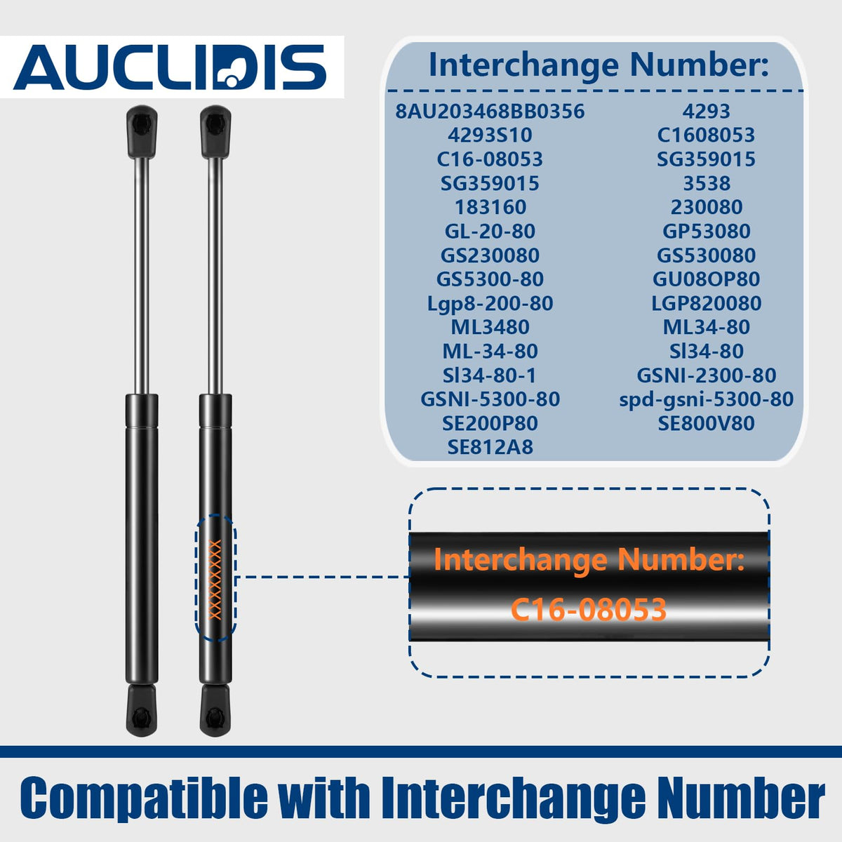 AUCLIDIS extended gas strut measured center-to-center showing full extension advantage