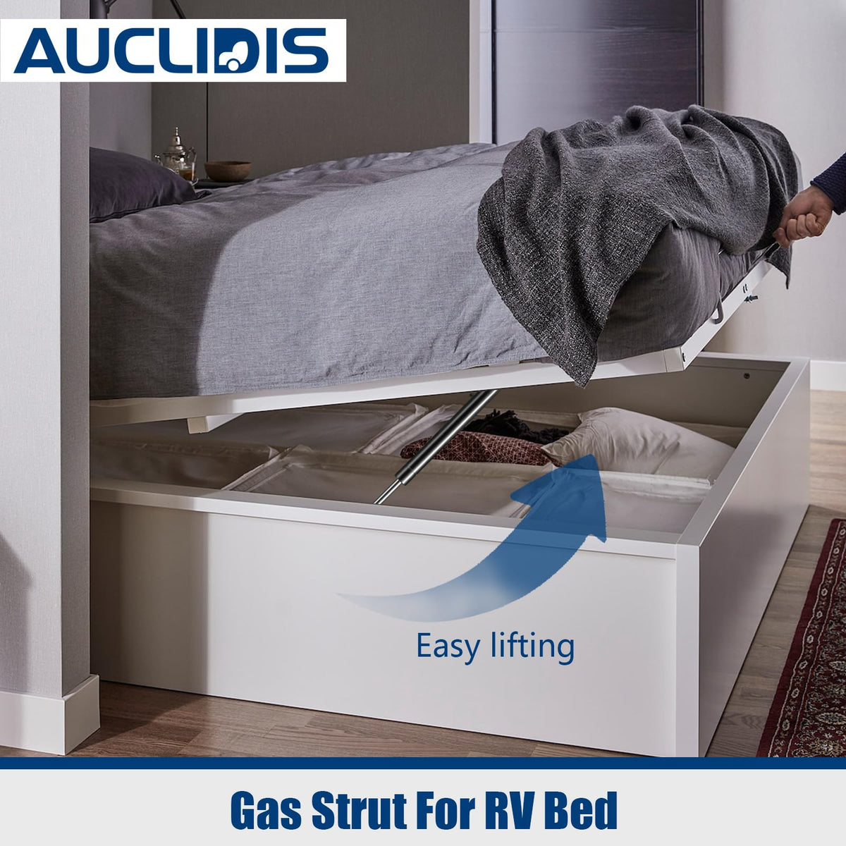 AUCLIDIS gas strut installed on RV bed lid demonstrating easy lift assistance
