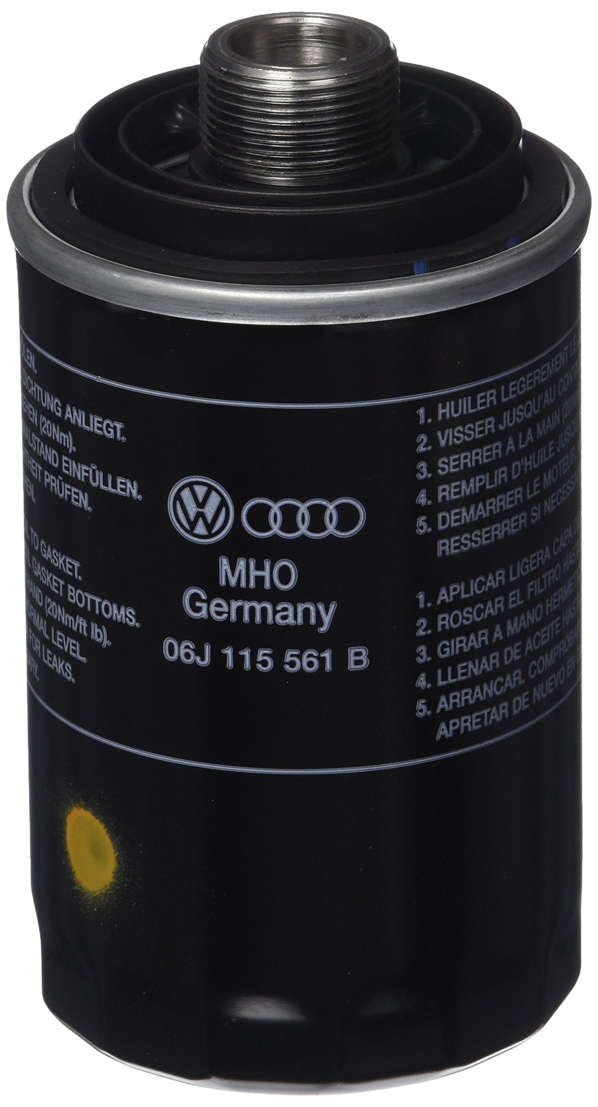 Audi genuine oil filter front view showing label and fitment benefit