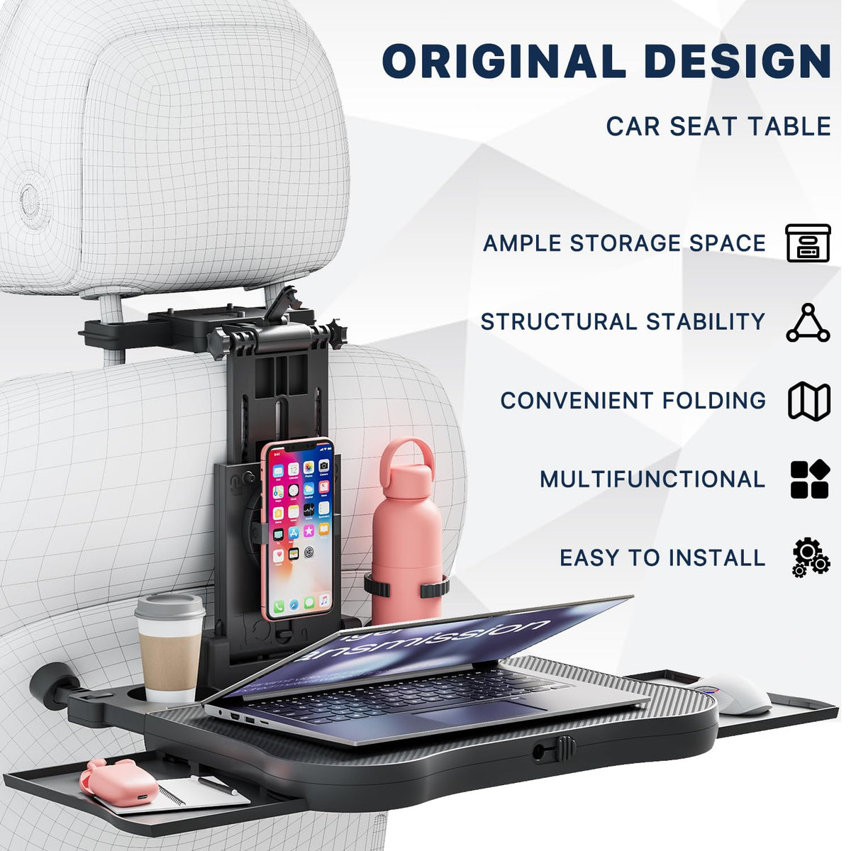 AUEOTUAR cup holder detail with bottle securing drinks and preventing spills