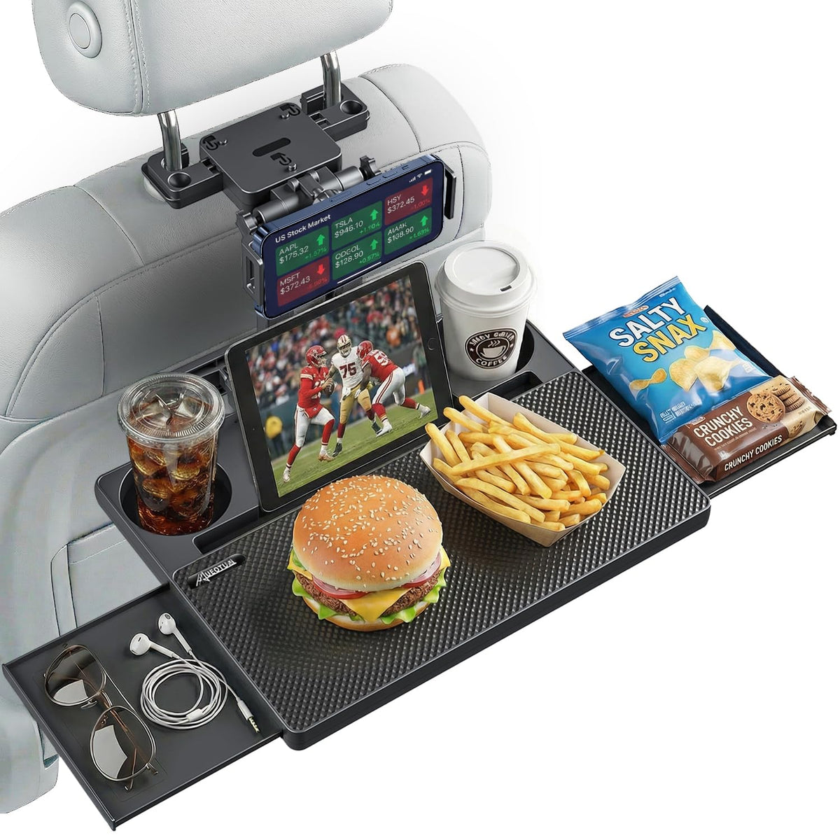 AUEOTUAR front view of tray table showing stable surface and holders