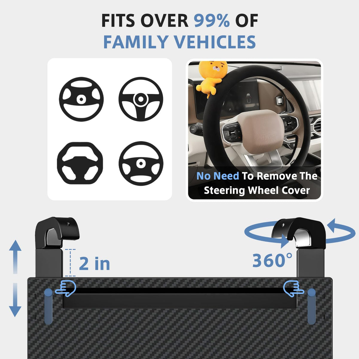 AUEOTUAR tray mounted on steering wheel showing rotatable hook attachment
