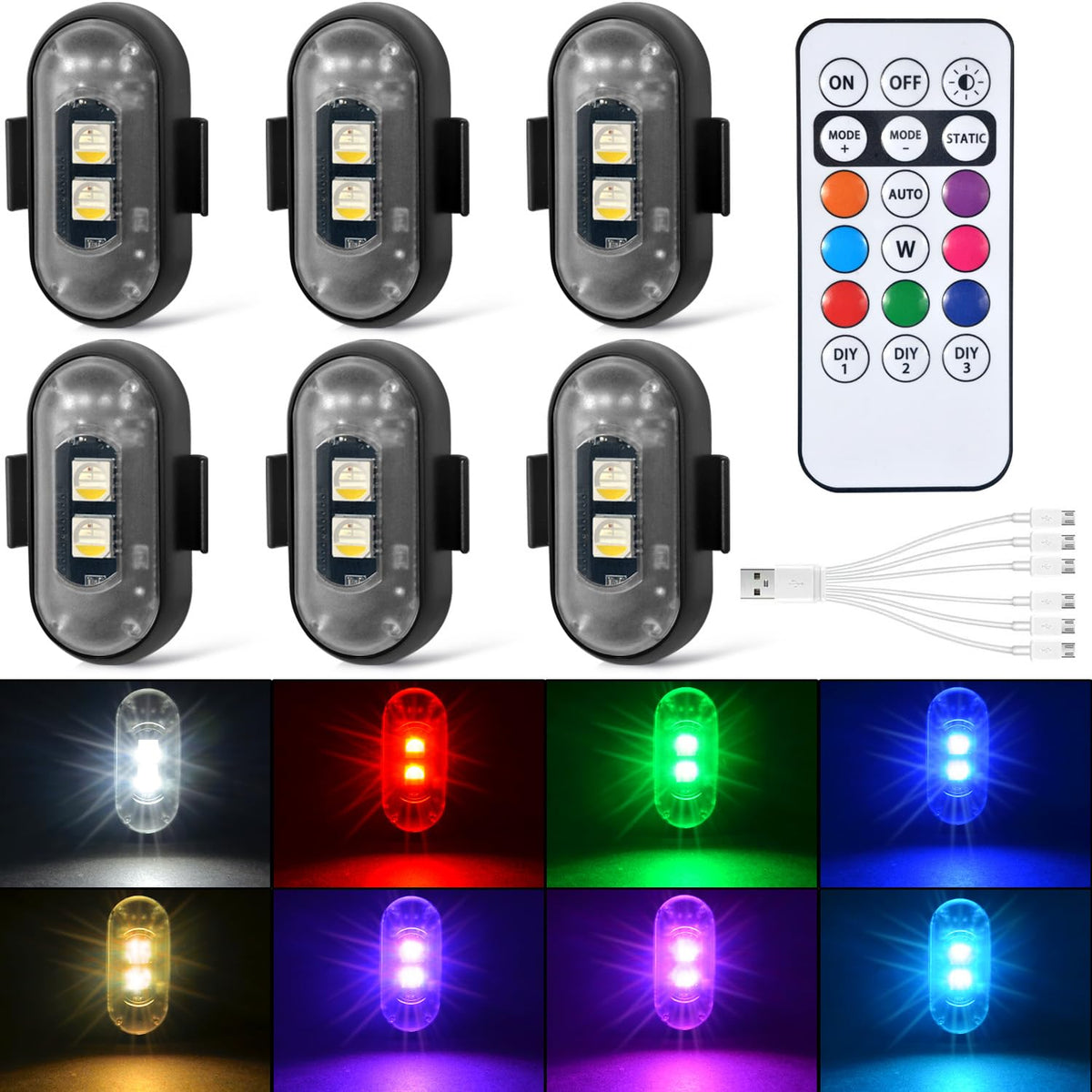 Aukmak front view showing six strobe units and remote, clear product overview