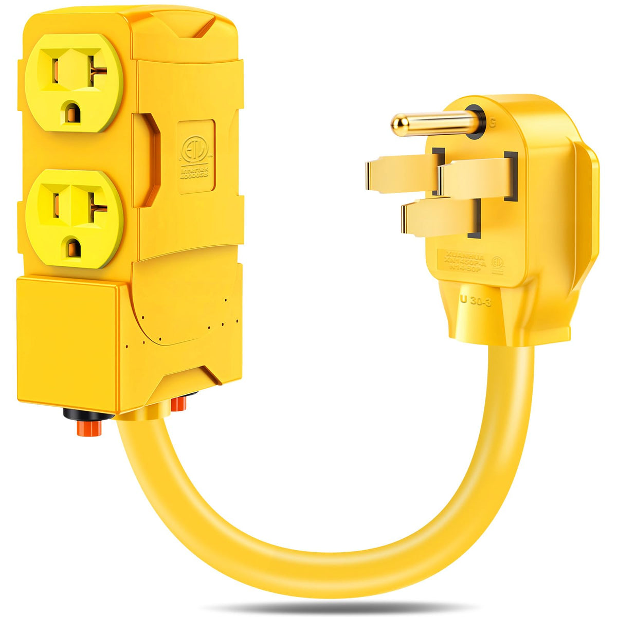 Aukzily front view of adapter showing four household outlets and 14-50P plug for versatile power