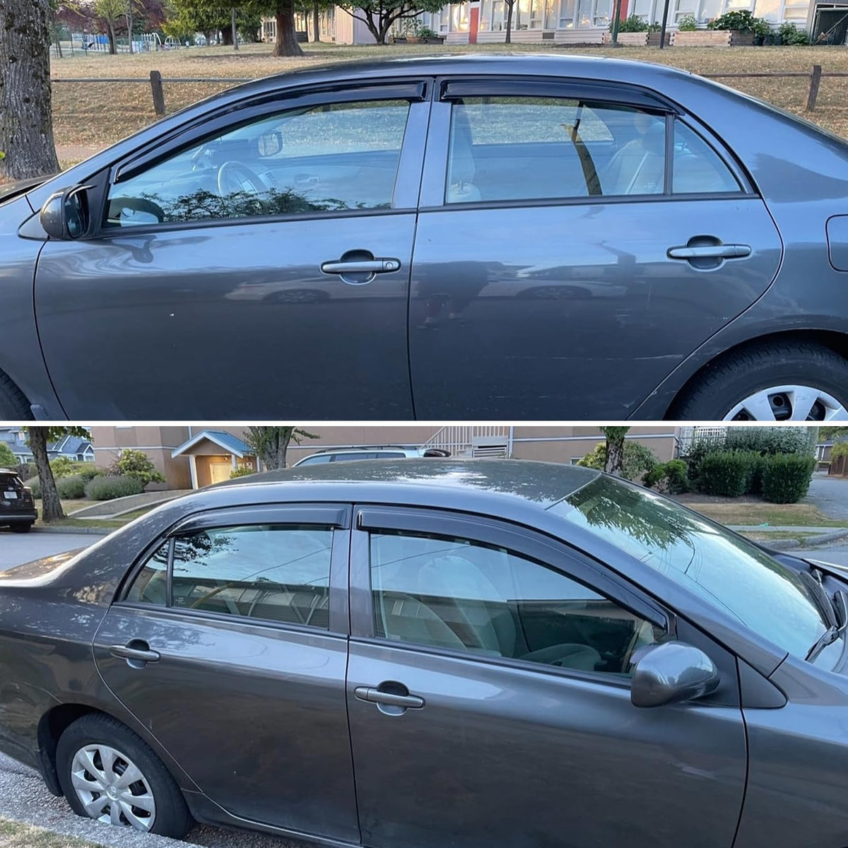 Aumivoron on parked Corolla with cracked windows demonstrating ventilation benefit