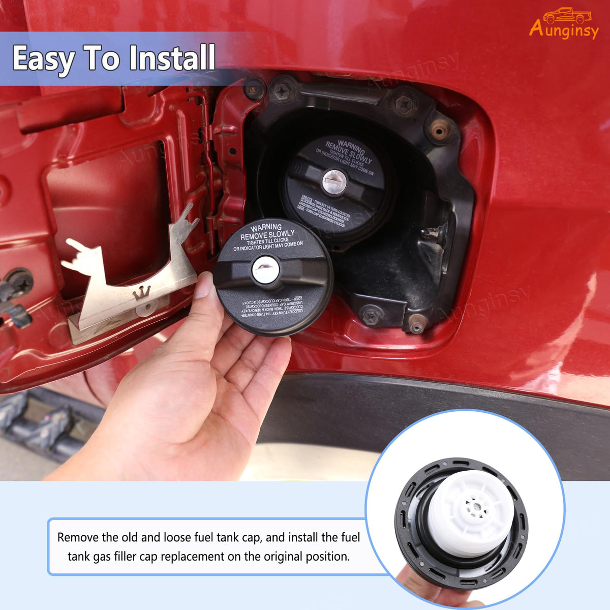 Aunginsy installed on Tacoma filler neck illustrating direct fit