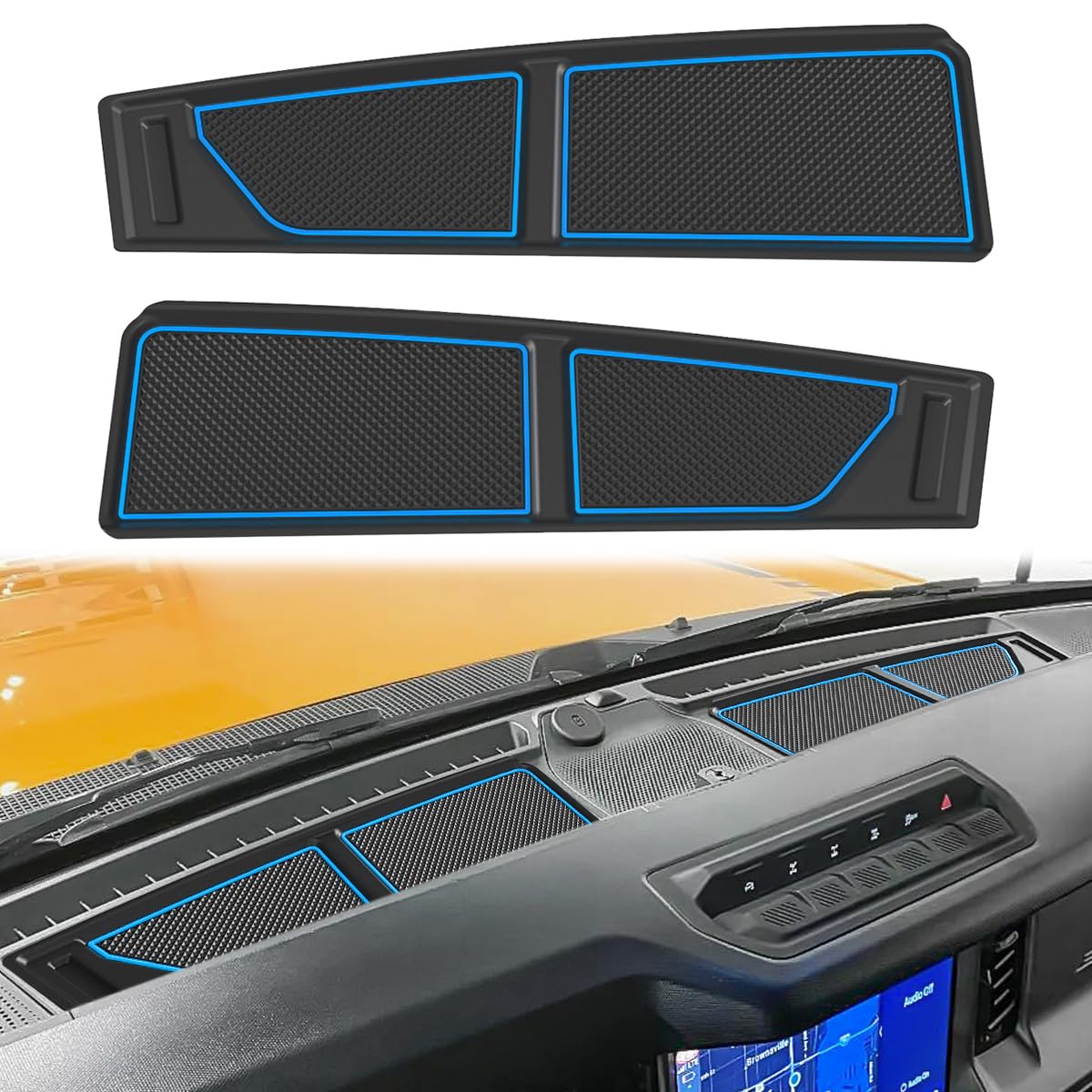 auovo front packaging showing blue trim and 2-piece dash trays for Bronco, protective benefit