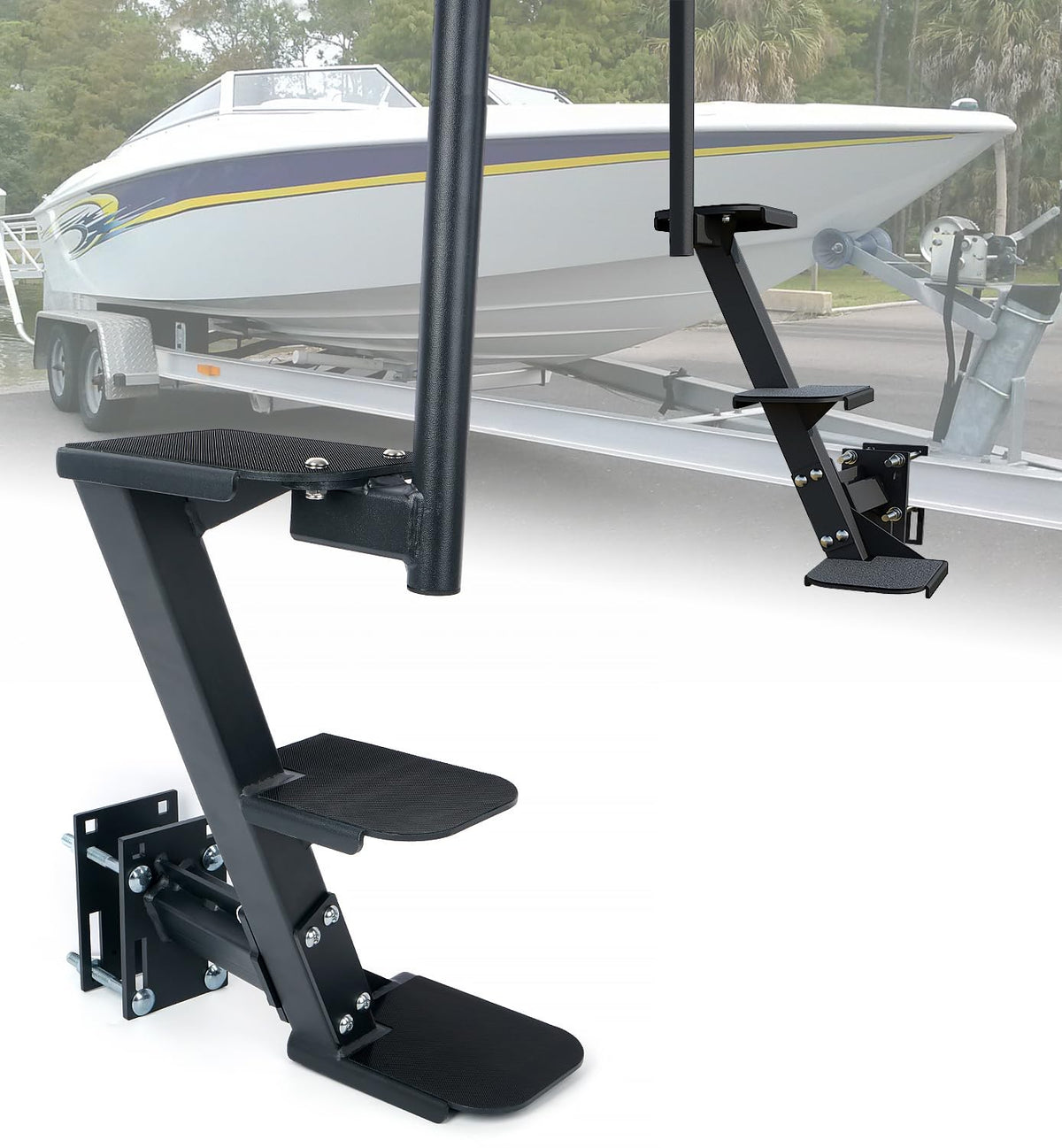 Aupar front view of three-step trailer step showing stable design and secure access