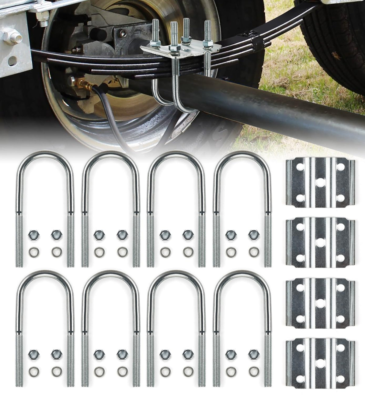 Aupar front view of complete U-bolt kit showing components and fit benefits
