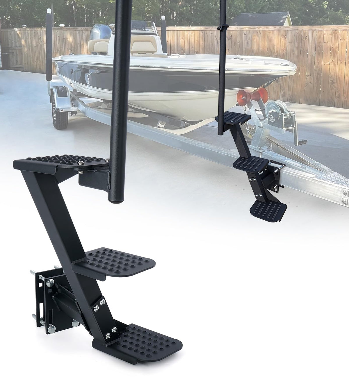 Aupar front view of three-step trailer step showing sturdy frame and safe access