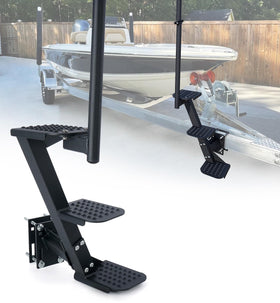Aupar front view of three-step trailer step showing sturdy frame and safe access
