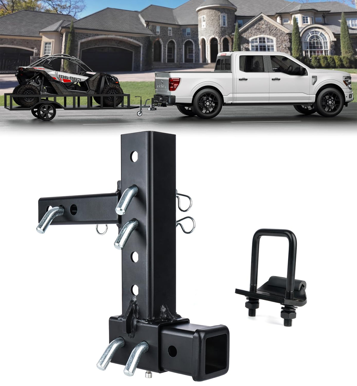 Aupar front view of hitch riser showing dual receivers and durable finish for secure towing