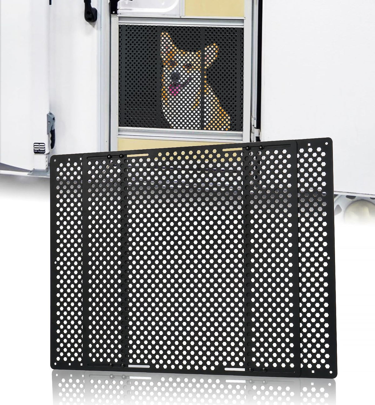Aupar front view on RV door showing secure screen protection and clean look