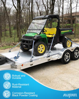 Aupar D-ring in use on flatbed trailer securing lumber for safer transport