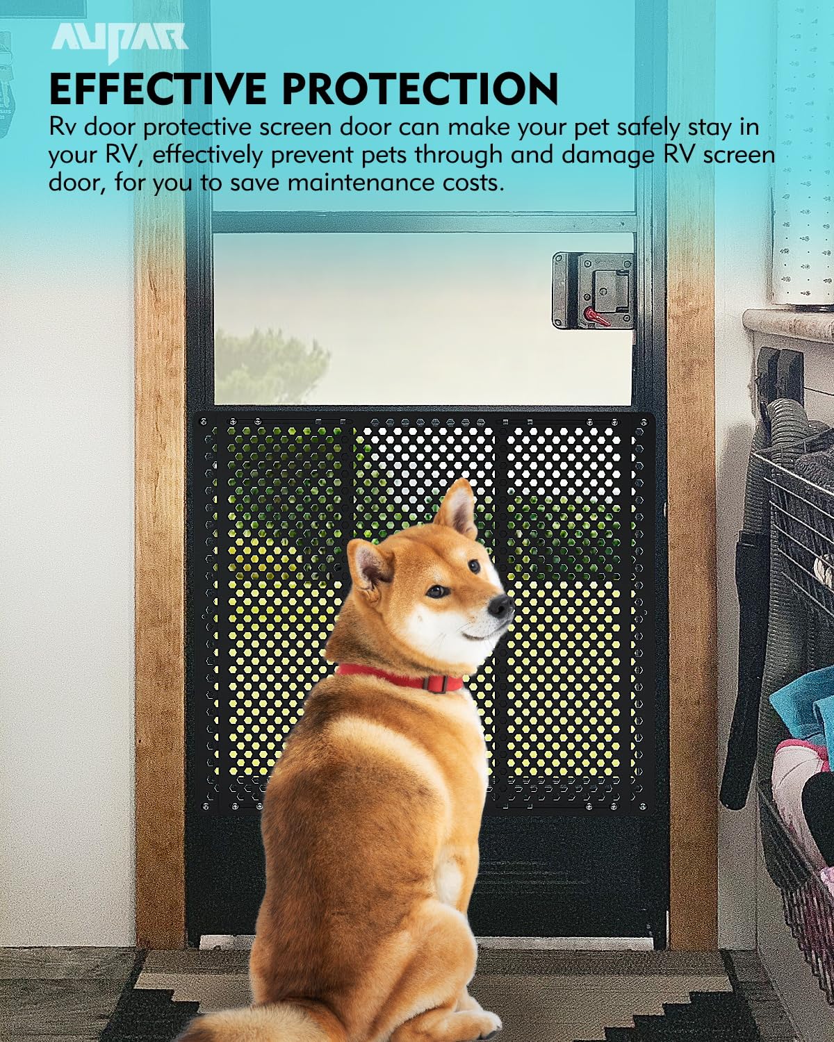 Aupar in use with dog at door demonstrating pet scratch protection benefit