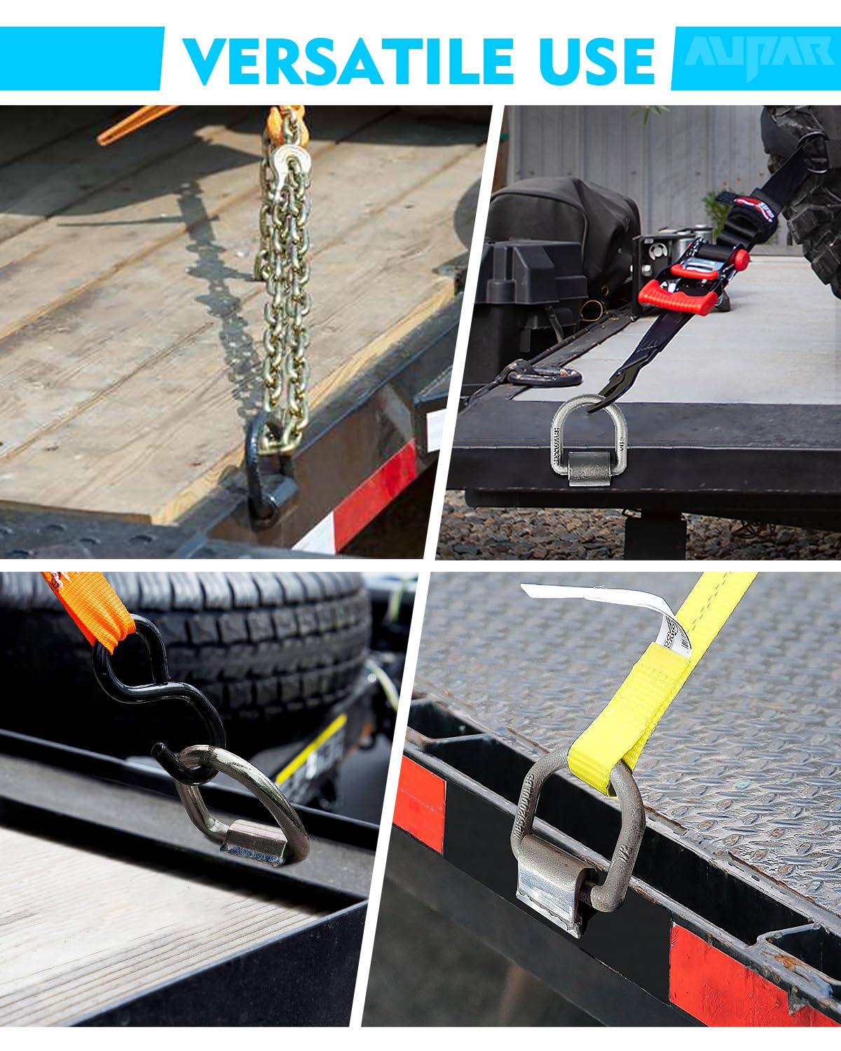 Aupar D-ring installed on a flatbed trailer demonstrating strong anchor point