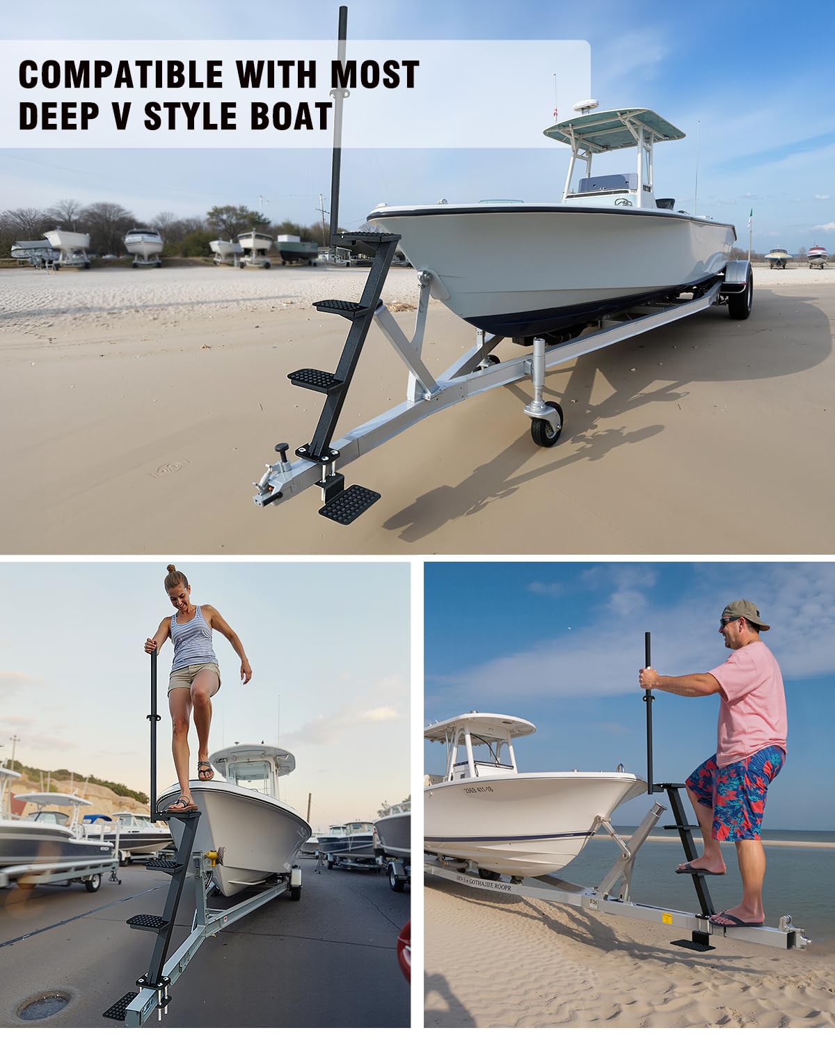 Aupar lifestyle marina use showing user safely stepping onto trailer tongue with handle