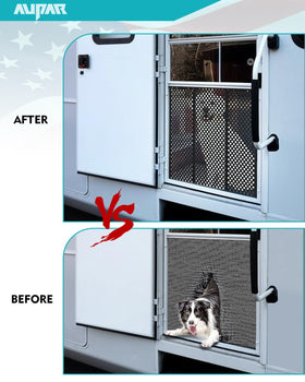 Aupar mounted on RV door in use protecting screen from damage