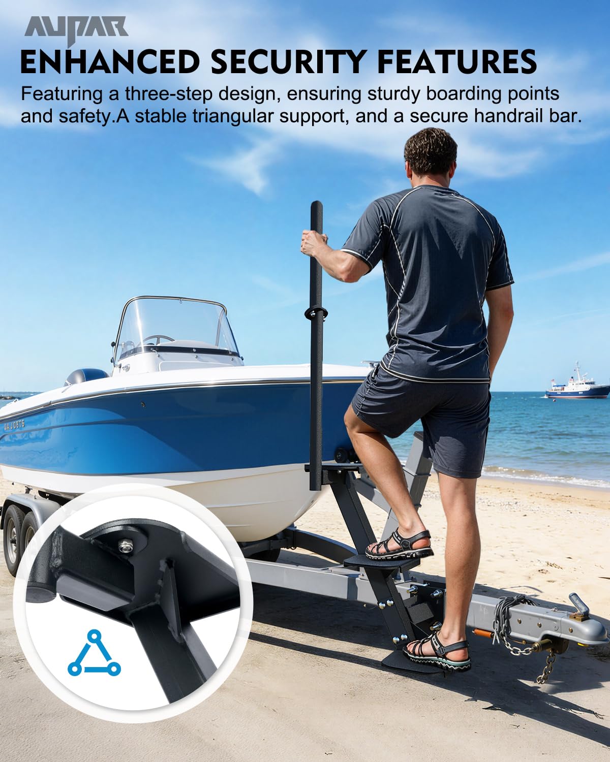 Aupar side view highlighting the handrail and three-step configuration for safety