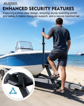 Aupar side view highlighting the handrail and three-step configuration for safety