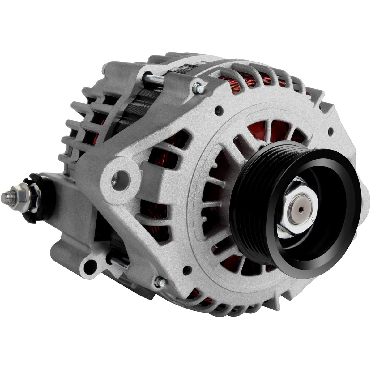 AUPCS alternator front view showing mounting points and clean finish for easy installation