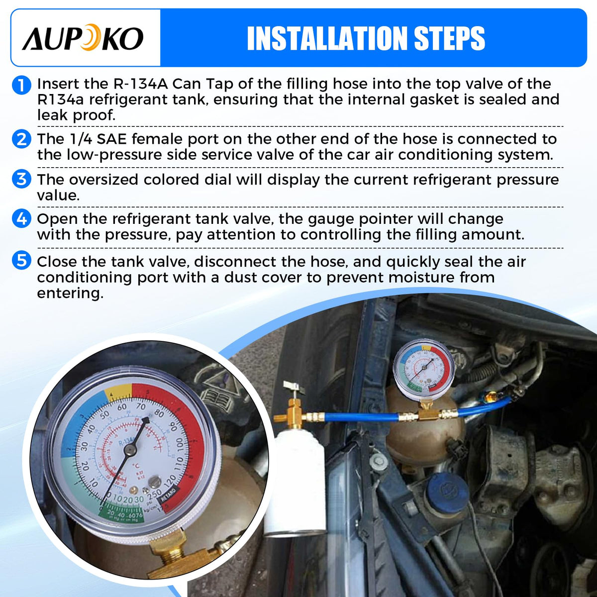 Aupoko hose connected to vehicle low-side port demonstrating practical in-car recharge use